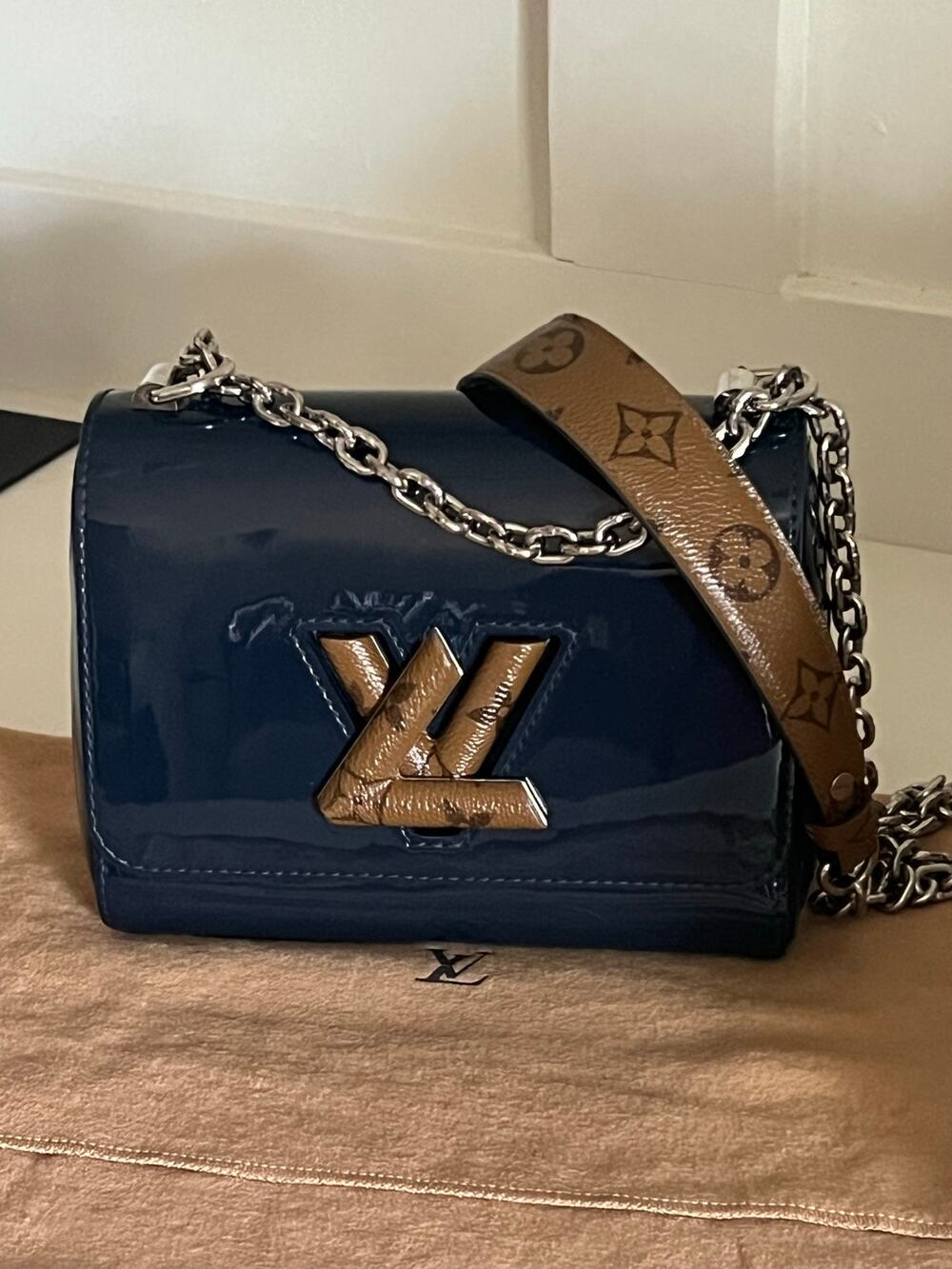 Louis Vuitton Navy Blue Vernis Leather Twist PM Reverse Monogram Canvas Flap